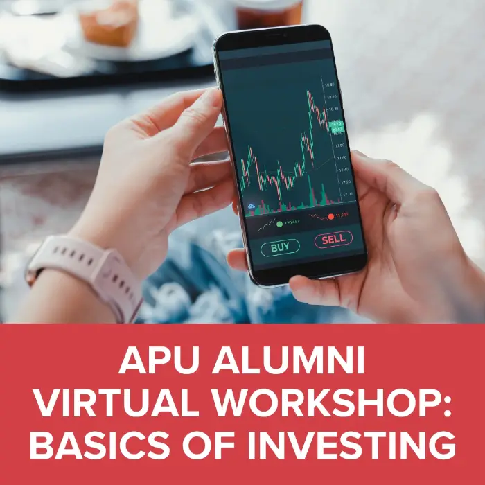a flyer saying: Basics of investing workshop. Display a person's hands holding a iphone with graphs
