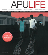 APULIFE front cover of drawing of two students walking