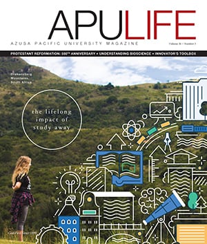 APULIFE front cover of student beside hillside with overlay graphics