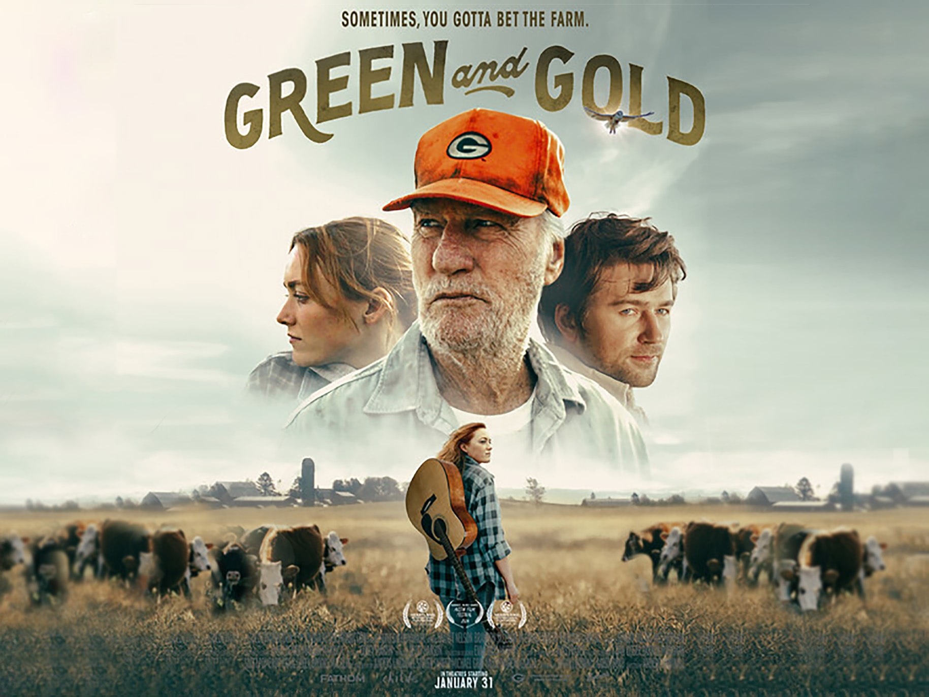 the movie poster for Green and Gold says "sometimes, you gotta bet the farm." The three main characters gaze into a field of farms, and the female lead looks back with a guitar fixed against her.