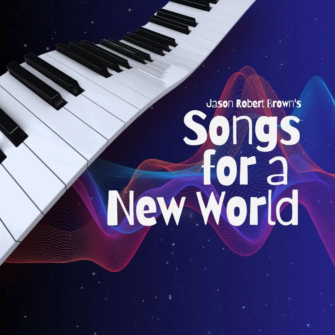 Curvy piano and a music wave graphic on a violet gradient background