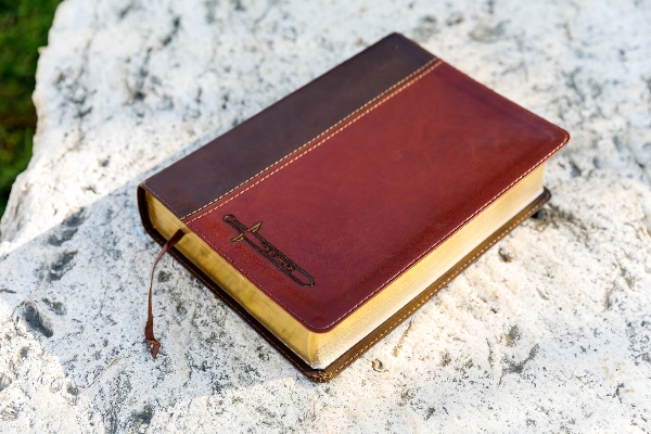 a brown bible on top of a rock