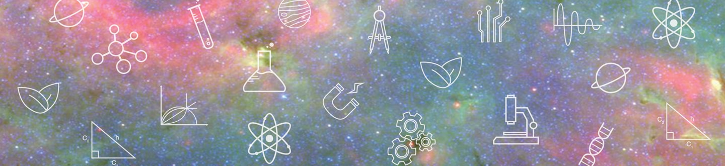 a colorful background with science icons