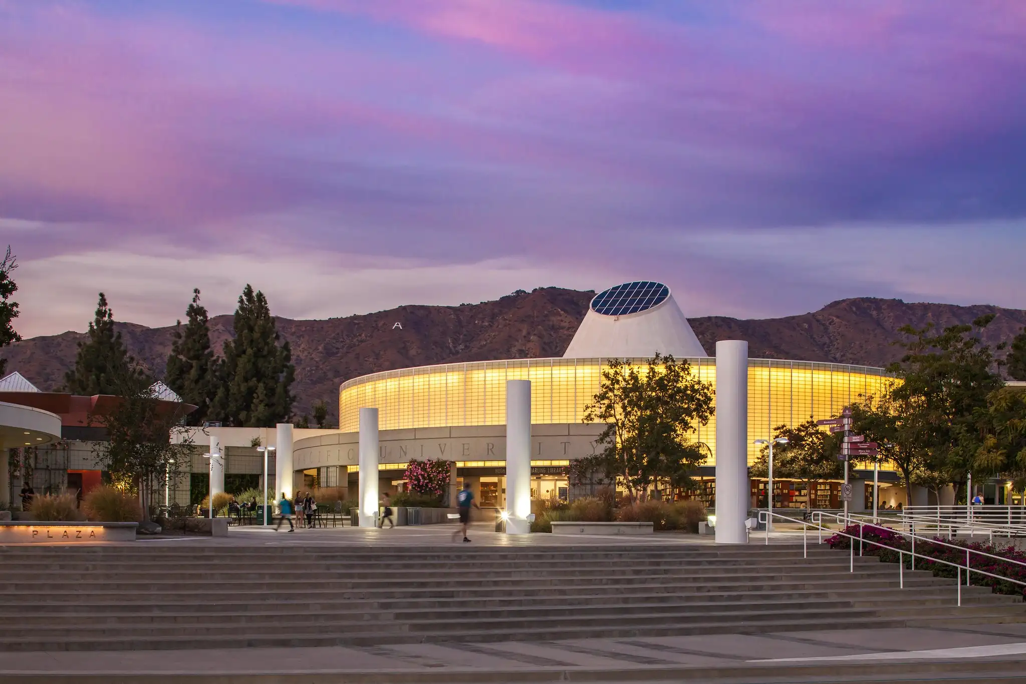 west campus at evening with a purple sky