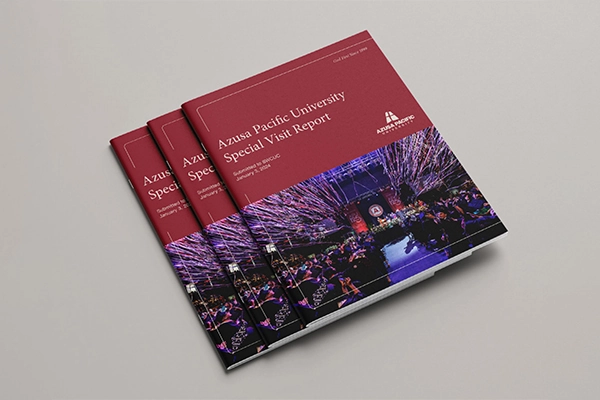 illustration of brick red books saying "Azusa Pacific University, special visit report"