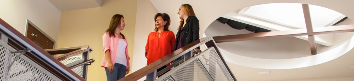 Colleagues chatting atop stairway