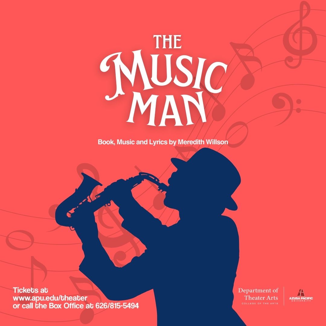 a illustration of a man playing saxophone and the title "The Music Man" written on the flyer