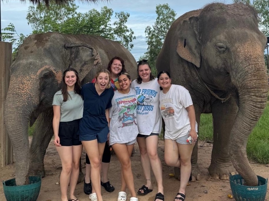 Summer Wiles and the Thailand team stand with two elephants.